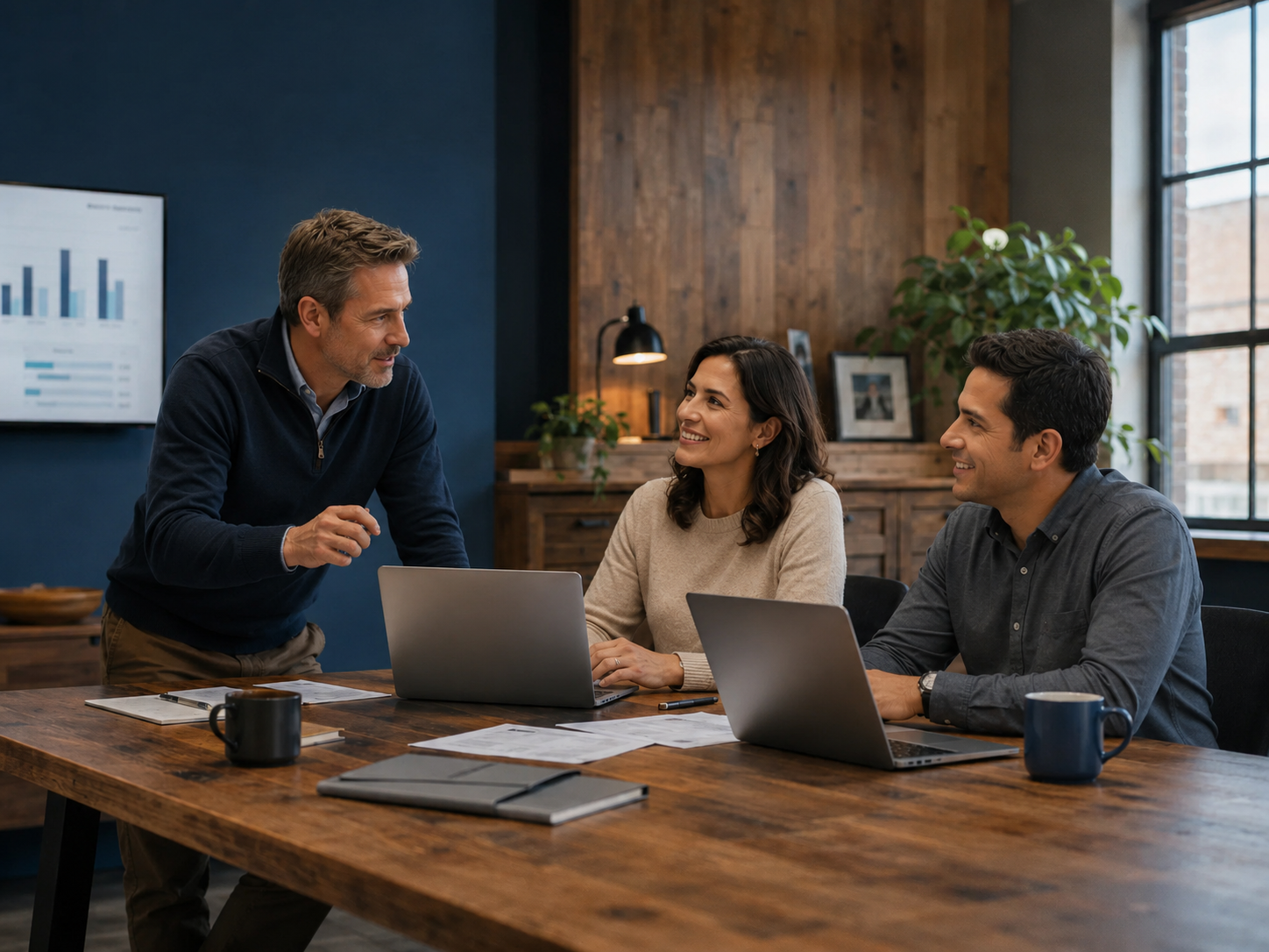 Business leaders shaking hands in a meeting after aligning on an operating plan.